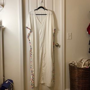 White caftan with multi color Pom poms